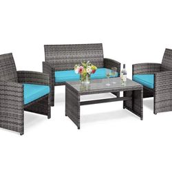 4 PCS Wicker Patio Conversation Set, Outdoor Rattan Sofas with Table Set, Patio Furniture Set with Soft Cushions & Tempered Glass Coffee Table for Poo