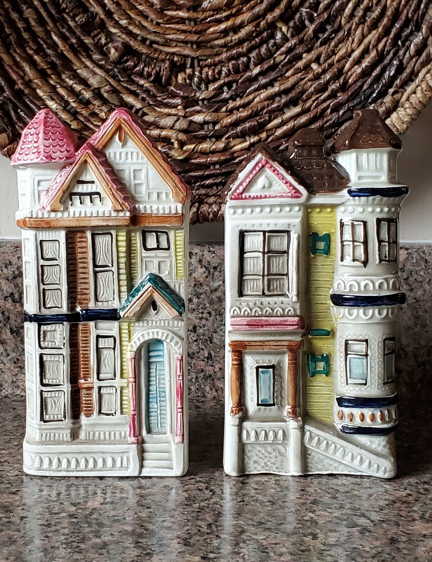 Vintage Takahashi Japan San Francisco Victorian House Wall Pocket Pair