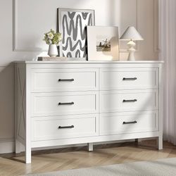 Farmhouse White 6 Drawers Dresser for Bedroom, Wood Rustic Wide Chest with Natural Texture, Storage Dressers Organizer for Bedroom, Hallway, Entryway 