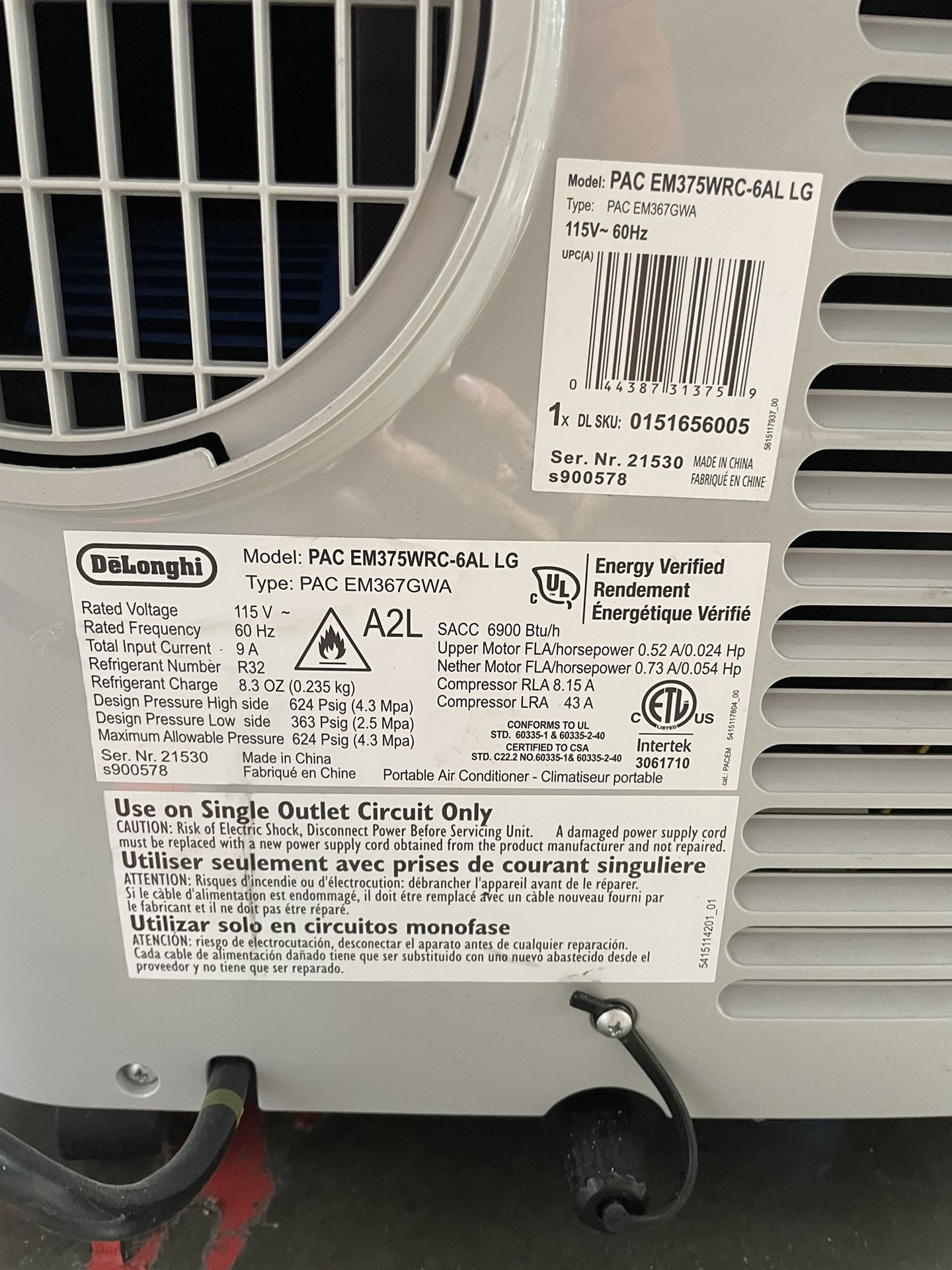 DELONGHI PAC EM375WRC6AL LG 500 Sq. Ft. Portable Air Conditioner
