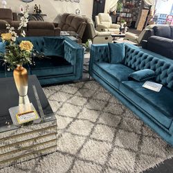 2 Pcs Emerald Green Tufted Sofa(90in) And Loveseat(76in)