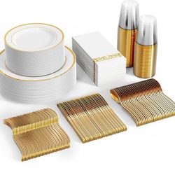 350 Ct Disposable Dinnerware Set for 50 Guests - Heavy Duty Plastic Plates with Gold Rim,