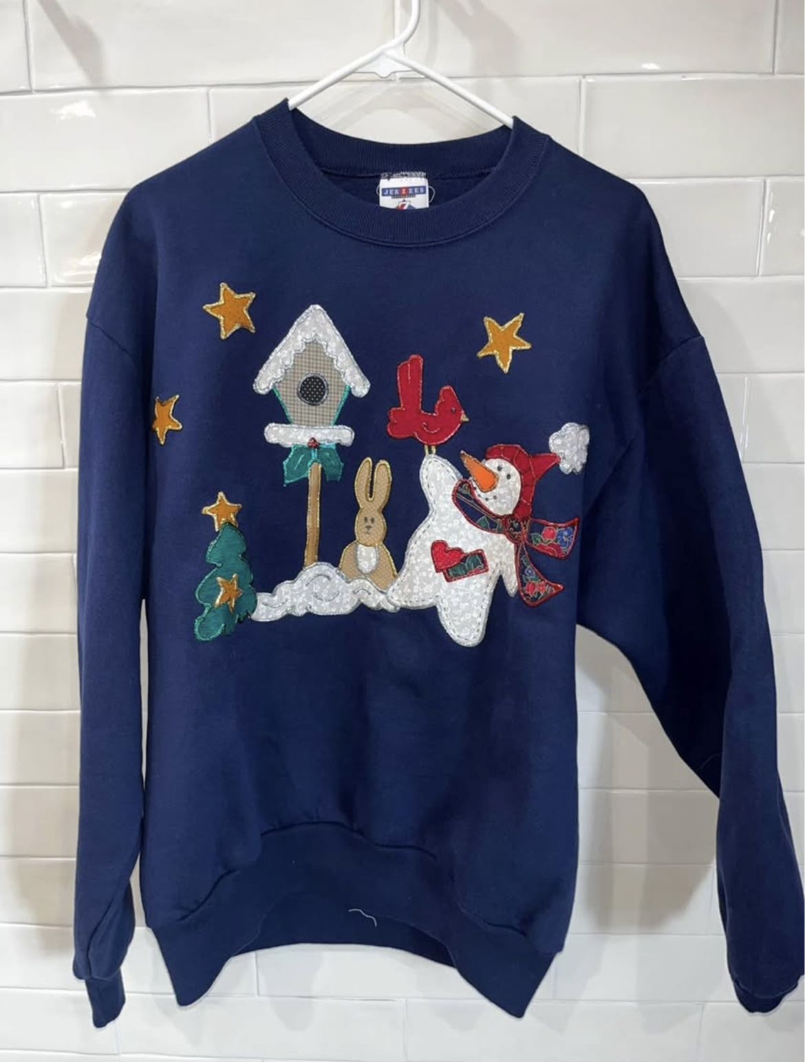 Vintage Jerzees Navy Christmas Sweatshirt 2000’s Appliqué Sz L
