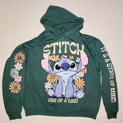 Disney Stitch lightweight hoodie women's size Large "One of a kind" "It's a state of mind" green