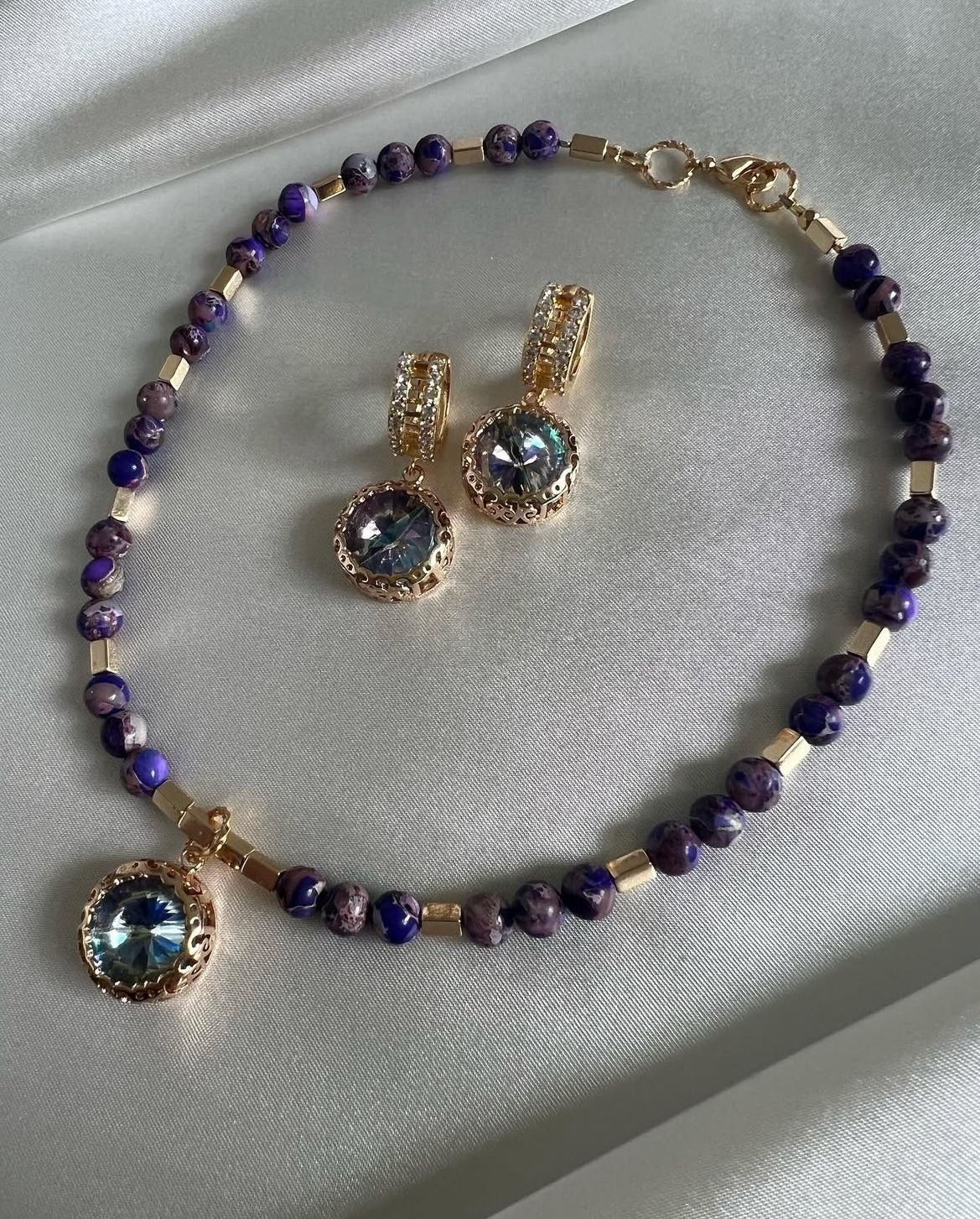 Women's Purple Crackled Jasper choker set with Austrian Premium Crystals, and earrings - Handmade