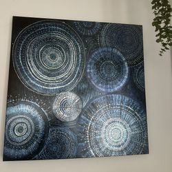 Modern Abstract Blue & Silver Geometric Canvas Art – 31” x 31” 