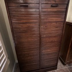 1920’s French Oak Tambour Filing Cabinet w/ Key