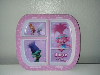 Trolls Movie Children's Melamine Plastic Divided Plate Zak 7.75" X 8.5"