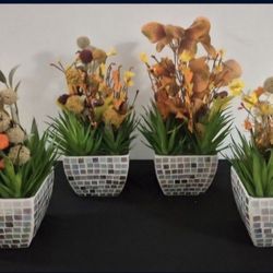 *** REDUCED *** Mosaic Glass Planters filled with Faux Autumn Flowers & Succulents in Epoxy @ Lasting Creations