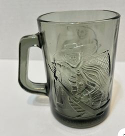 Vintage 70s McDonalds Smoked Glass Hamburglar Hockey Embossed Coffee Mug Cup