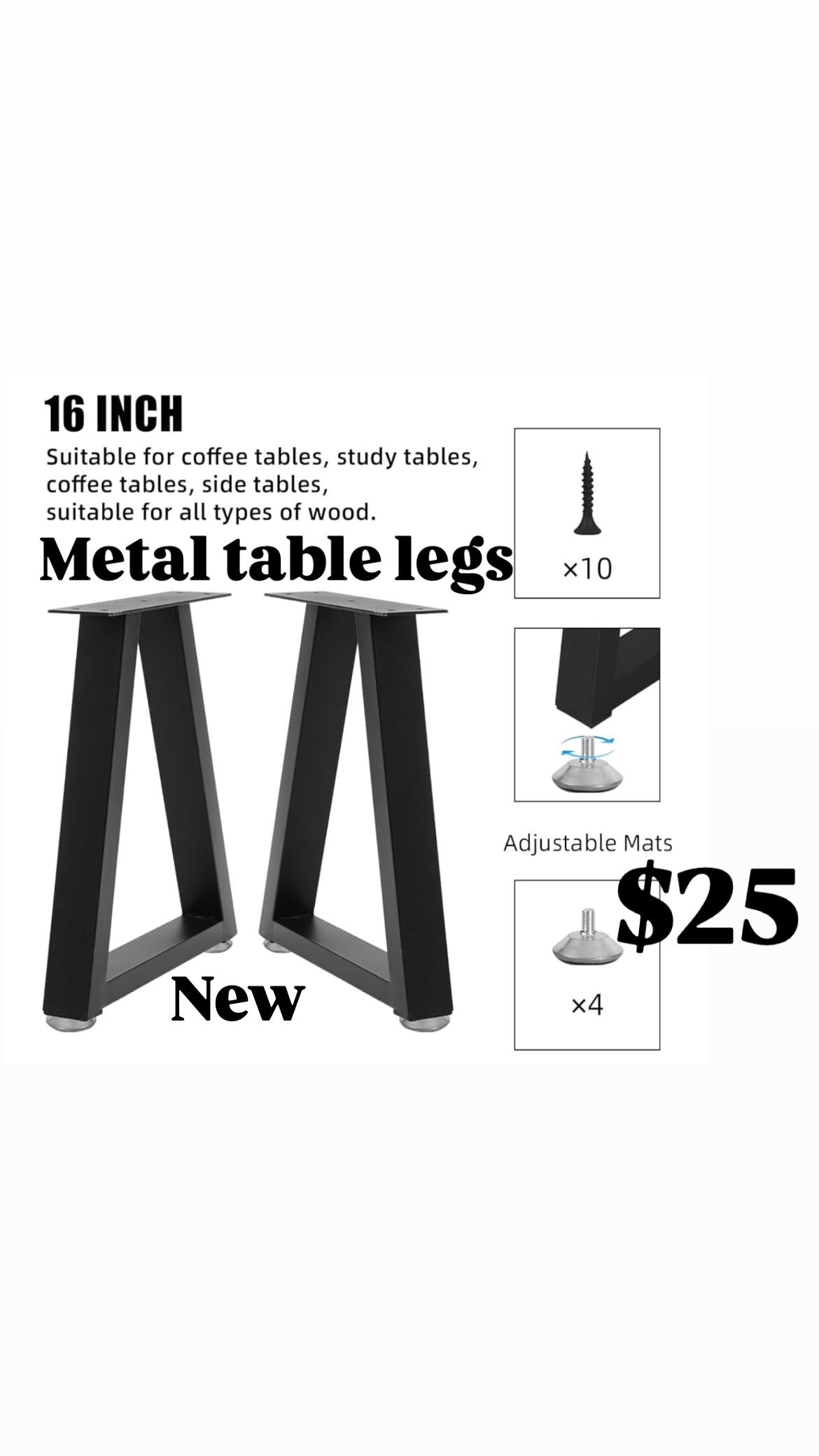 16 Inch Trapezoid Metal Table Legs for Bench, Coffee Table Legs, DIY Furniture Feets Set of 2, Including Screws and Adjustable Feet Pads, 16 Inch x 10