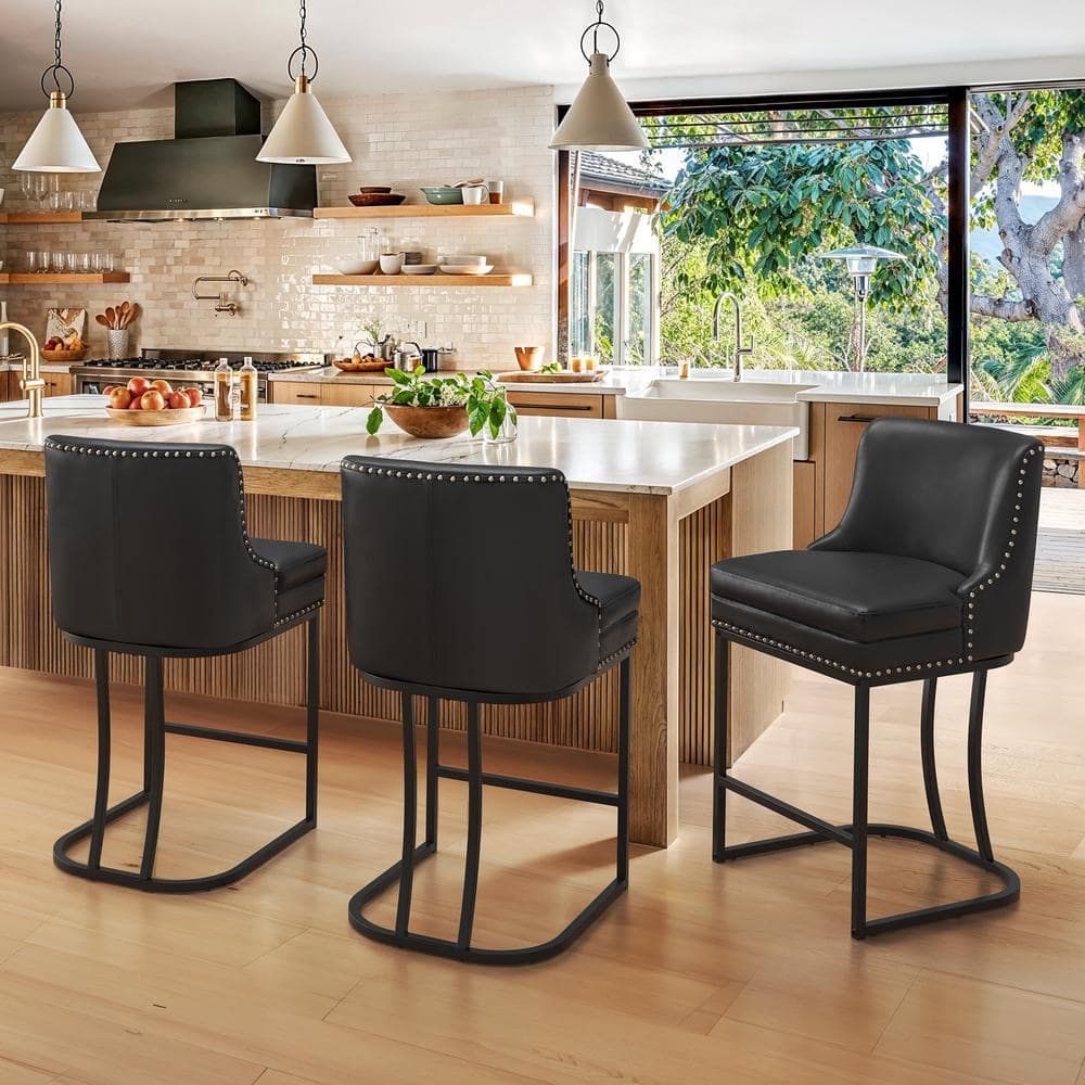 Comfortable faux leather Upholstered Counter Height Chair Double Cushion 26 inch black (Set of 3)