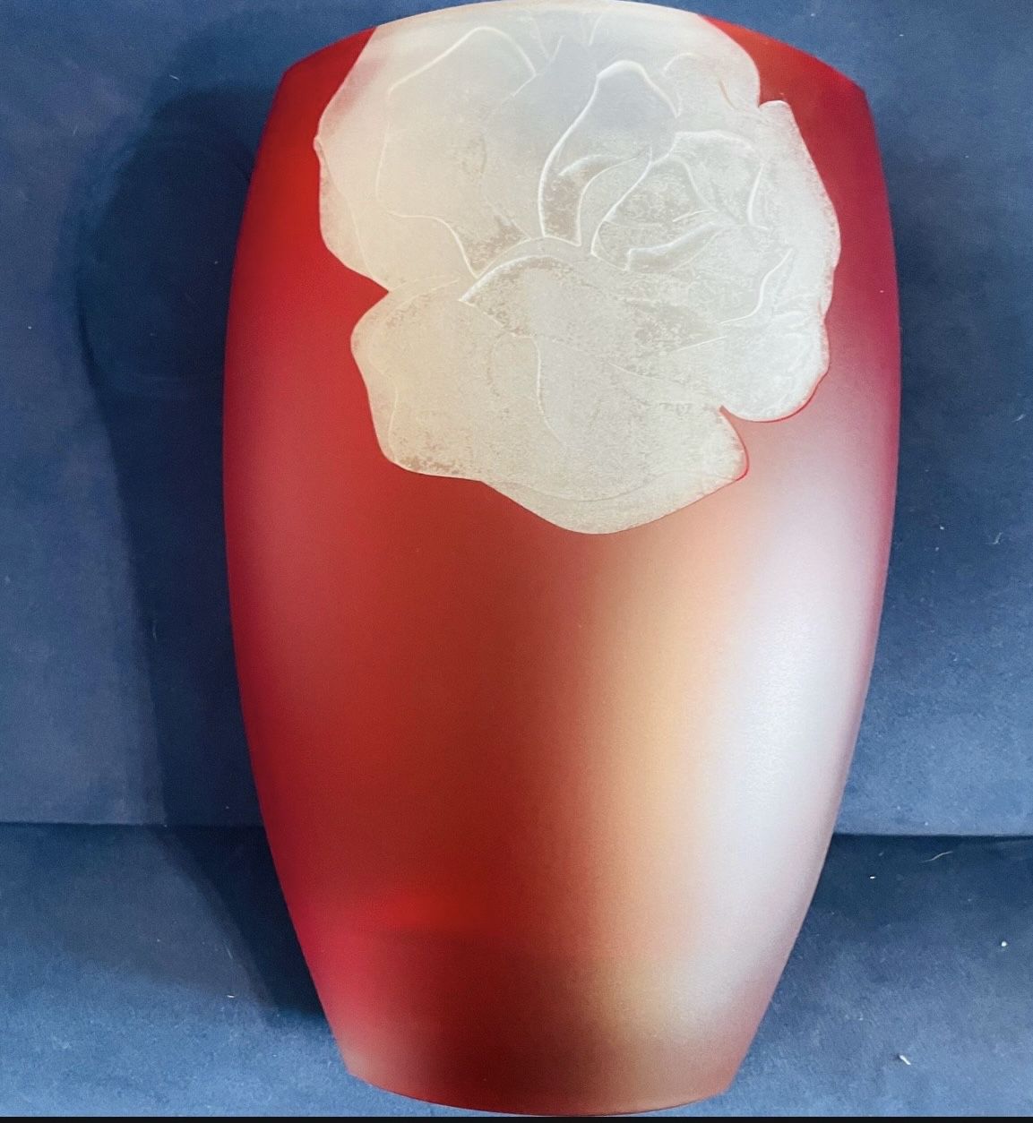 Mikasa, 12" Ellipse Vase. with Love. QP 216 630. Red with an etched white flower