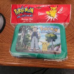 1999 Nintendo Pokemon Ash Pikachu Green Metal Tin Storage Box NEW UNUSED 111723

