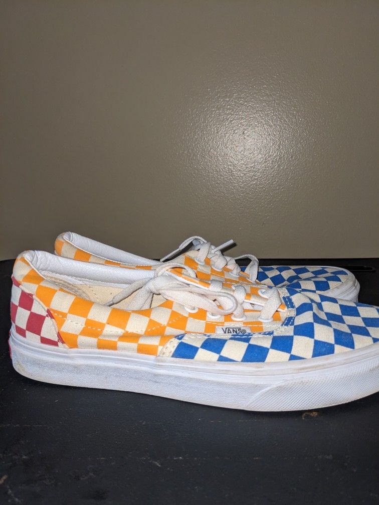 Vans Era Lace Up Blue, Yellow, and Red Checkerboard Sneakers - Men 6 Women 7.5