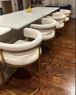 Set of 4, 26” Ivory White Velvet Counter Height Bar Stools With Gold Metal Legs