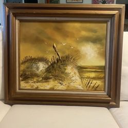 Oil Painting On Canvas Mid Century Beach Seaside Dunes Seagulls Sunset Signed