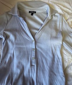 Express Light Blue Ribbed Button-Front Top (S)