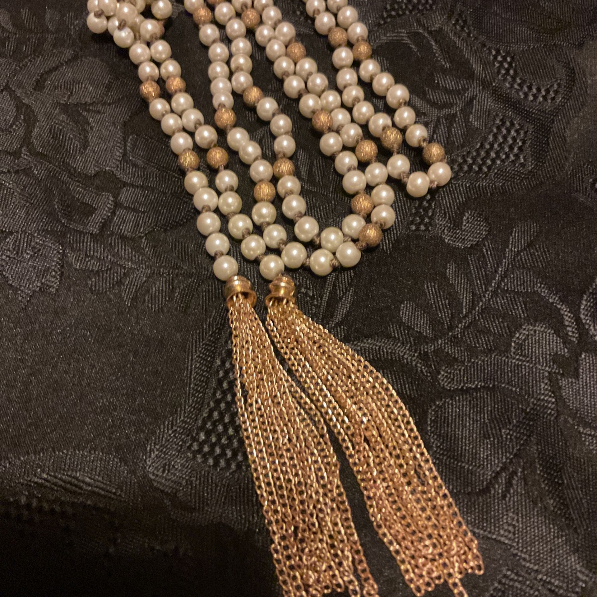 42” Vintage Gold And Pearl Knotted Necklace With Gold Chain Tassels