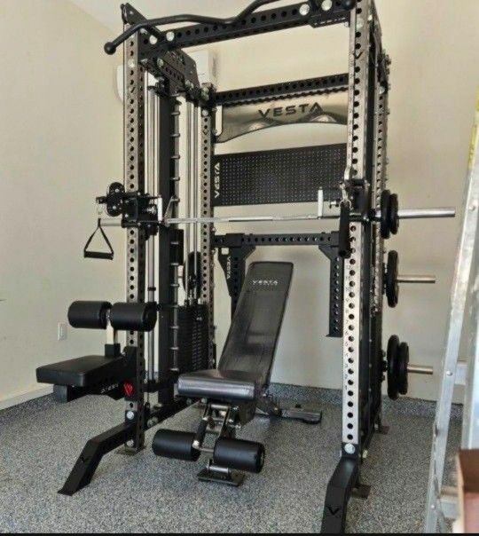 NEW Squat Rack Smith Machine Functional Trainer Cable Cross Over  Adjustable Bench Press 45lb Barbell Bumper Plates Home Gym 