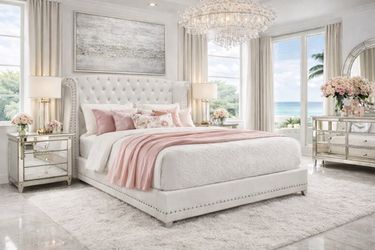 Glam Style Queen Size Wingback Bed White Velvet