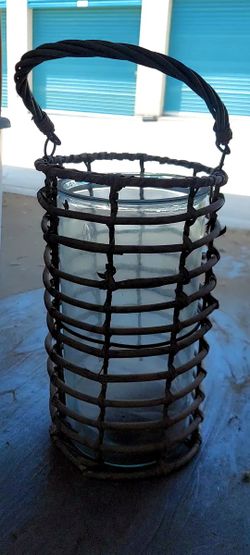 Tall Glass And Woven Basket Outdoor Candle Holder