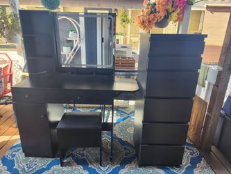 Chest of drawers 6 drawers, black-brown with mirror and dressing table with light on the mirror
