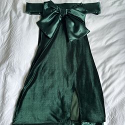 Green Bow Velvet And Satin Dress With Matching Cardigan 