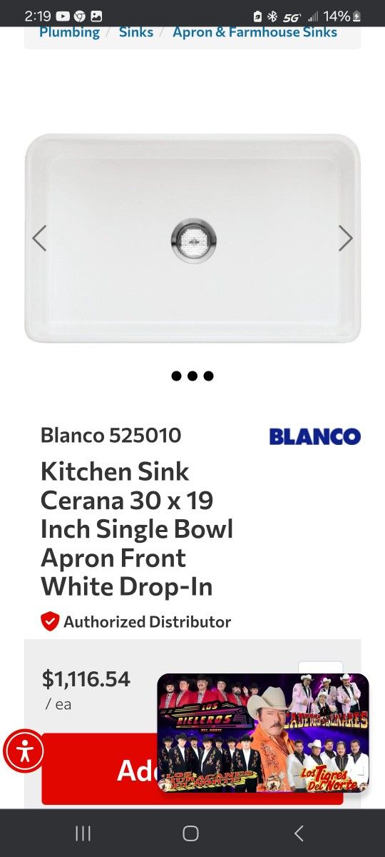 Blanco Kitchen Sink 30x19in Cerana Single Bowl