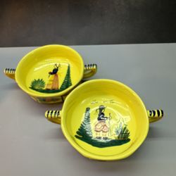 (2) HB Quimper France Soleil Yellow Octagonal Lady Flat Cream Soup Bowl Pair Hand Painted. Double Handled Bowl  France 1930s. One has a chip on the li