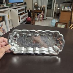 Chrome Plated Rect Serving Tray With Ornate Detailed Etching & Scalloped Edges 11.75" X 5.25"