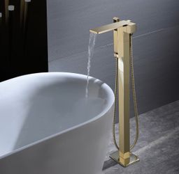 Waterfall Single Handle Floor Mount Freestanding Tub Filler Faucet with Hand Shower