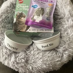 Pet bed & ceramic dishes etc