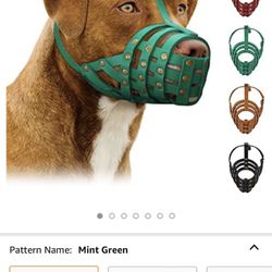 Pitbull Dog Muzzle Leather Amstaff Staffordshire Terrier Breathable Basket with Adjustable Straps Green 