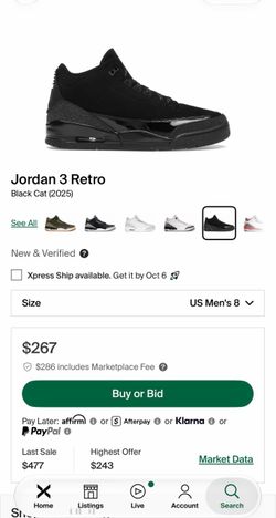 Jordan 3 Black Cat Size 8 Mens