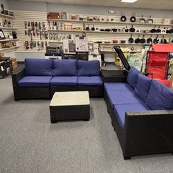 8 Piece Wicker Like Set Black With Blue Cushions For Outdoors. 