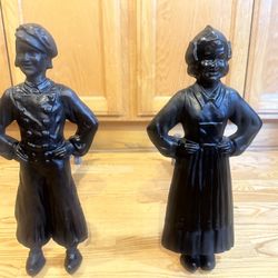 Antique Solid Cast Iron Sheffield Dutch Boy & Girl Andirons