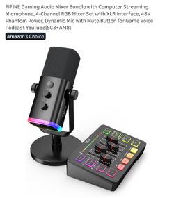 FIFINE Gaming Audio Mixer Bundle with Computer Streaming Microphone, 4-Channel RGB Mixer Set with XLR Interface, 48V Phantom Power, Dynamic Mic with M