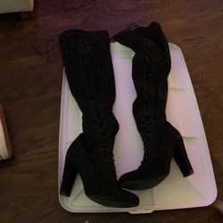 Lace Up Black Thigh High Boots