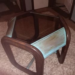 Antiqued End Table With Glass Top