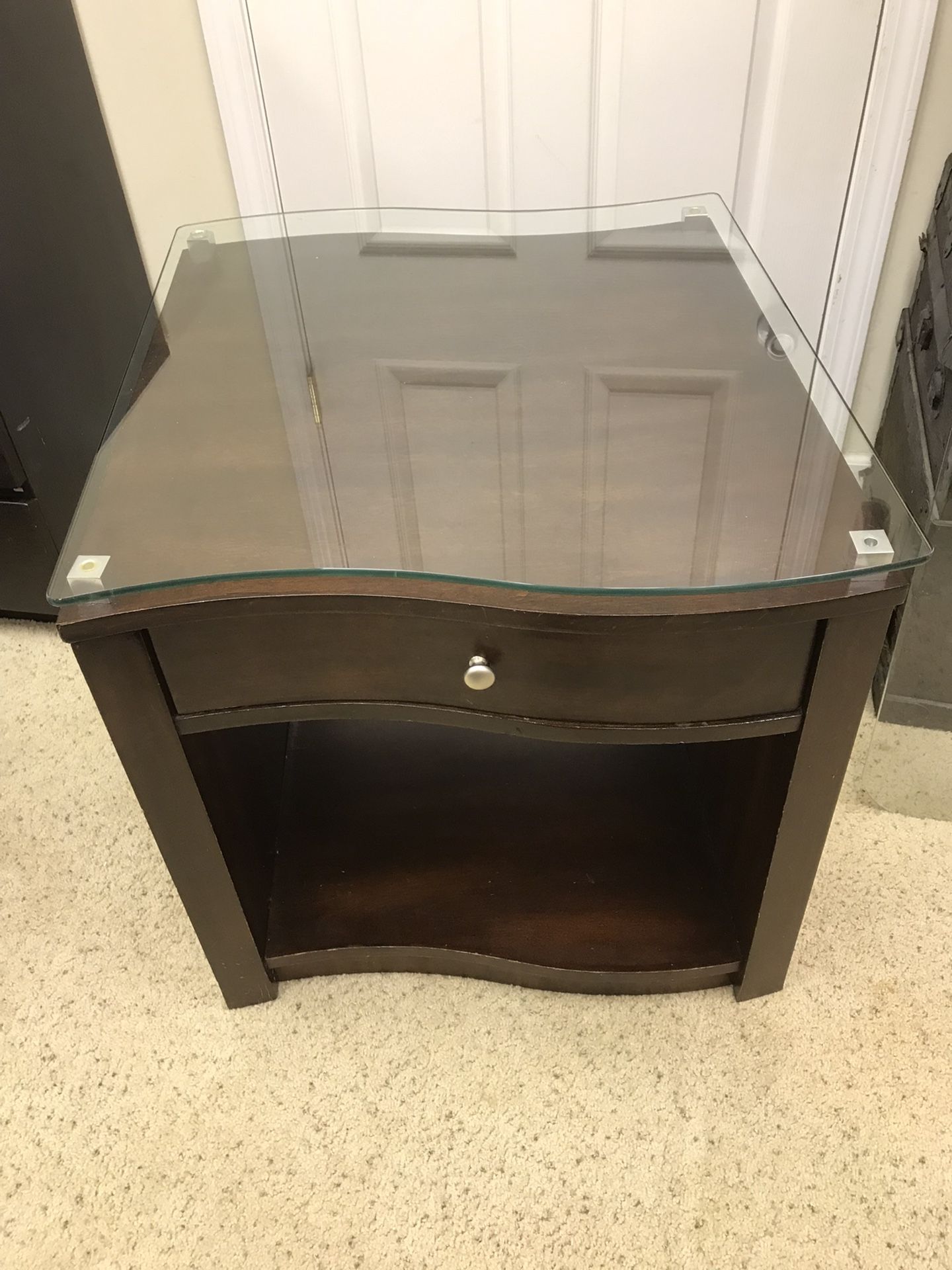 Elegant Swirl Glass Topped Espresso End Table With Drawer And Storage