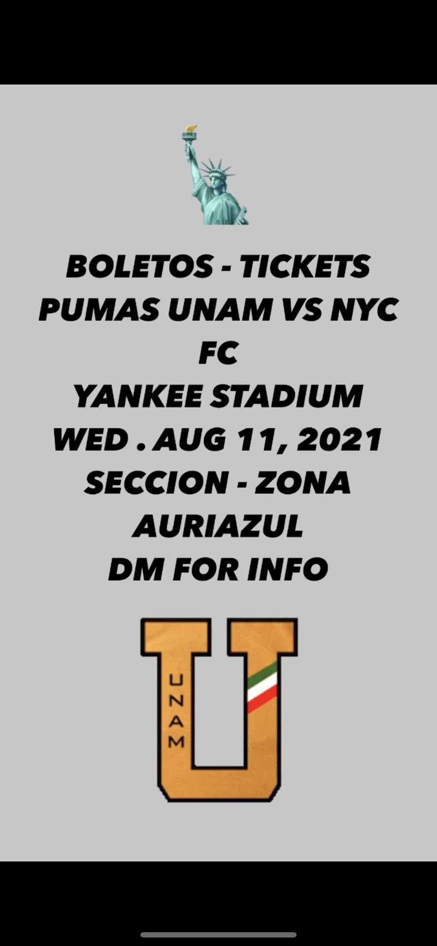 PUMAS UNAM VS NYC FC TICKETS ZONA PUMA
