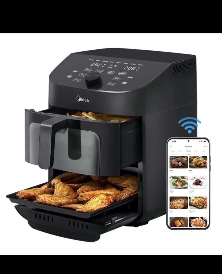 Midea 8 in 1 Dual Air Fryer 11 Quart With 2 Independent Frying Baskets,Sync Finish,Wifi Connectivity & 50 + App Recipes For Family Sided Meals