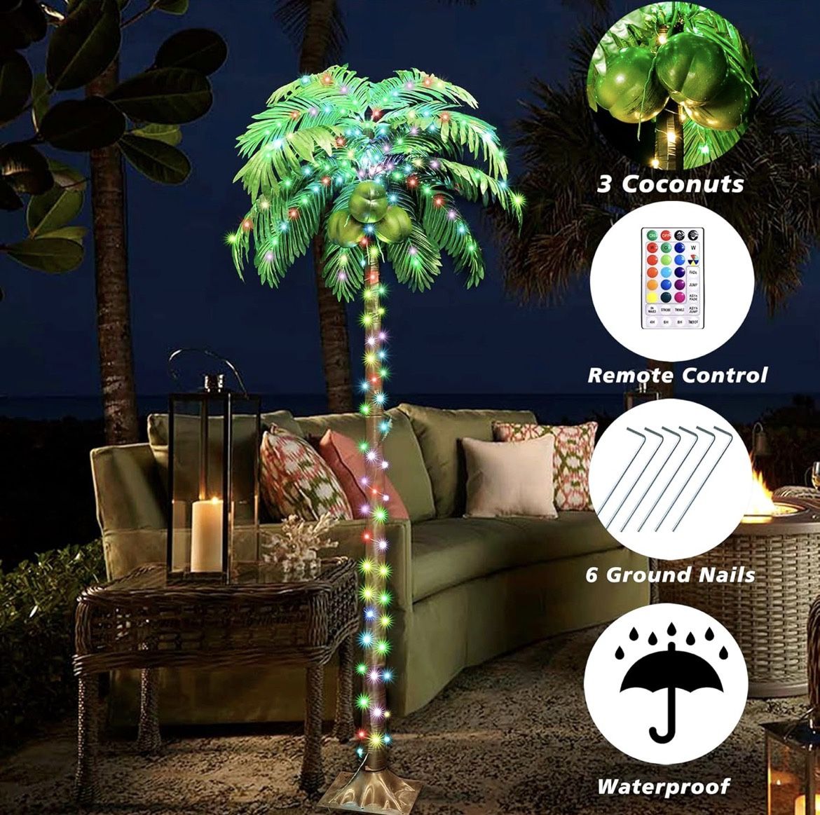 LED Lighted Palm Tree with Coconuts Color Changing Artificial Lights Remote Control, 6 FT Tropical Palm Tree for Pool Beach Yard Summer Party Home Haw