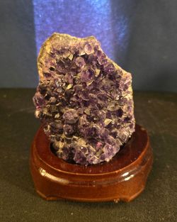 Deep Purple Amethyst Crystal Cluster with Custom Wooden Stand (4")