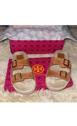 Tory Burch Women’s Two Band Espadrille Slide Sandals Brown/Beige Buckle 8