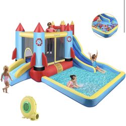 AMM005136 Kids Bounce House with Blower Inflatable Bounce Houses Double Slide Climbing Wall and Ball Pit/Pool Splash Big Bouncy House Bouncing Rocket 