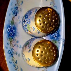 3 piece handpainted HR BAVARIA 'favorites' Forget me nots. hors d'oeuvre plate and salt and pepper shakers