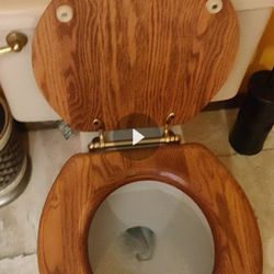 Toilet w/ Brass Hardware, Oak Wood Seat