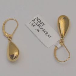 14K Yellow Gold Dangle Plain Tear-drop Earrings 1.2 Inches